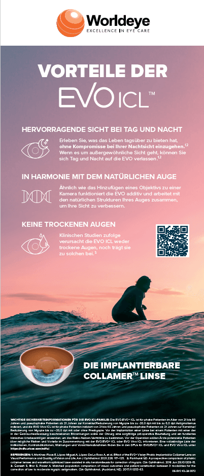 Informationsplakat zu EVO ICL mit Angaben zu Vorteilen und Sicherheitsinformationen